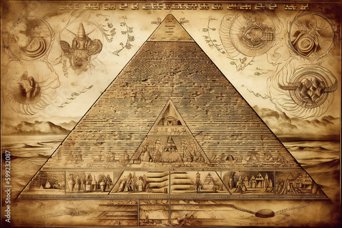 Pyramid with astrology and esoteric symbols on it. Esoteric, ancient wisdom or freemasonry concept composition. Created with Generative AI technology. photo