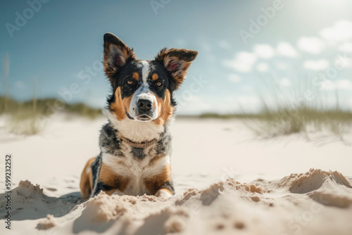 Small dog at the beach sitting on the sand and looking at camera. Holidays with pets. Illustration. Generative AI