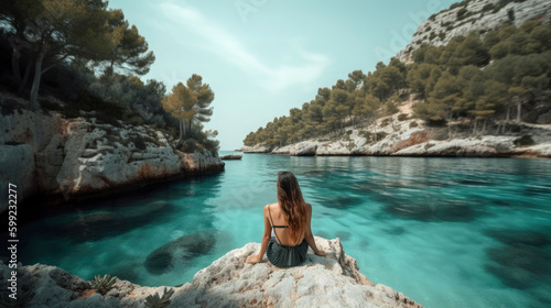 Woman in front of a cove with crystal clear water in the Mediterranean looking at the sea, surrounded by rocks on the island of Mallorca, Spain, Summer vacation. Illustration. Generative AI photo