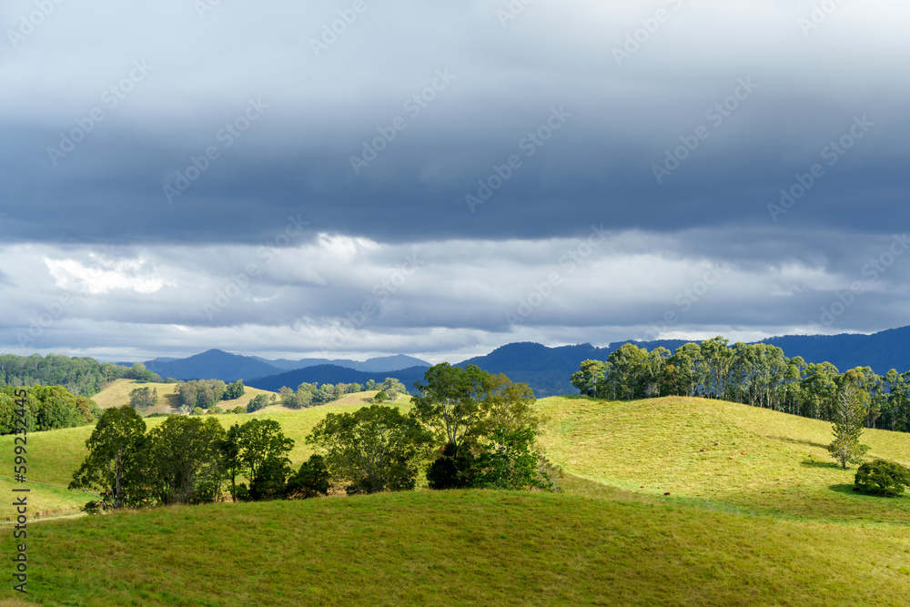 Landscape view of countryside and mountains from Tweed Regional Gallery. Murwillumbah, New South Wales, Australia