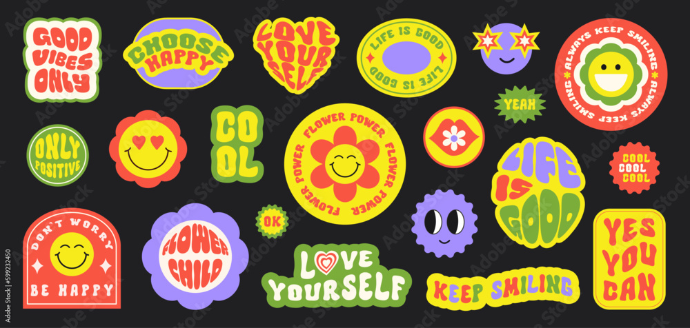 Obraz premium Trendy colorful set stickers with smiling face and text isolated on a black background. Collection of cartoon shapes, positive slogans in style 70, 80s. Vector illustration