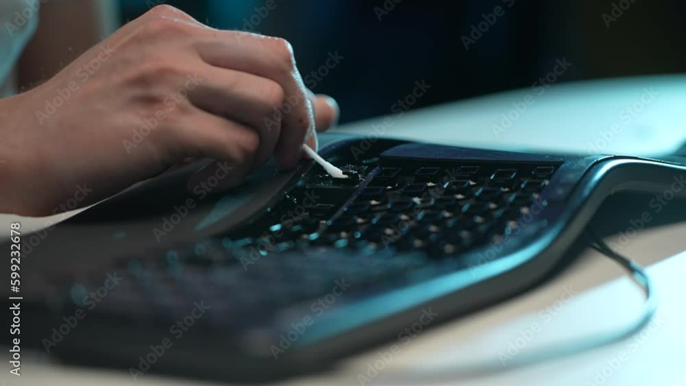 Close-up hands of unrecognizable man cleaning dirty black keyboard disassembled from buttons using cotton swab sitting at table. Concept of general cleanup on workplace. Shooting in slow motion. Close-up hands of unrecognizable man cleaning dirty black keyboard disassembled from buttons using cotton swab sitting at table. Concept of general cleanup on workplace. Shooting in slow motion.