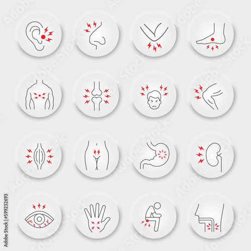 Body pain line icon set, organs ache symbols collection, vector sketches, neumorphic UI UX buttons, sickness signs linear pictograms package isolated on white background, eps 10.