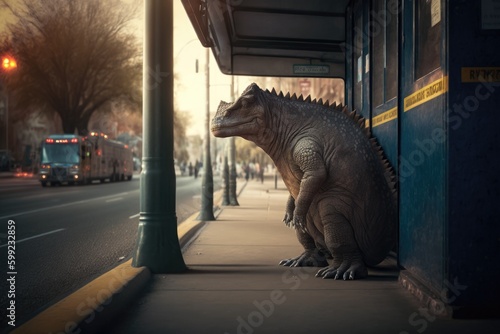 Dinosaur waiting for a bus on the bus stop.