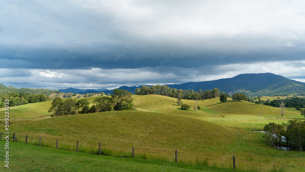 Landscape with mountains and clouds. View from Tweed Regional Gallery, Murwillumbah, New South Wales, Australia