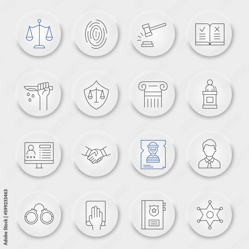 Law line icon set, justice symbols collection, vector sketches, neumorphic UI UX buttons, jurisprudence signs linear pictograms package isolated on white background, eps 10. Law line icon set, justice symbols collection, vector sketches, neumorphic UI UX buttons, jurisprudence signs linear pictograms package isolated on white background, eps 10.