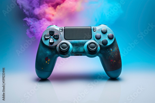 game controller, joystick, gamepad with colorful powder explosion on blue background .Video games. Illustration. Generative AI photo