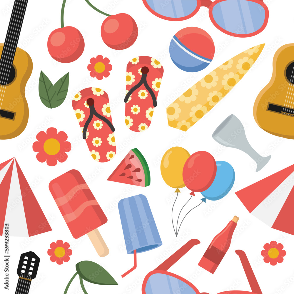 Summer Seamless Pattern With Different Summer Objects And Things