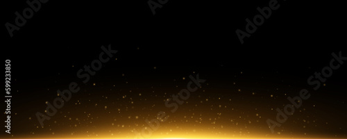 Orange sparkling backlight isolated on black background. Flash with golden flying magical dust. Vector illustration