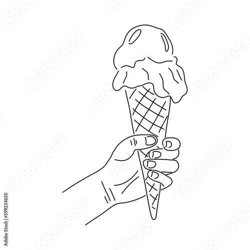 Ice cream cone line art with active stroke. Doodle vector illustration.