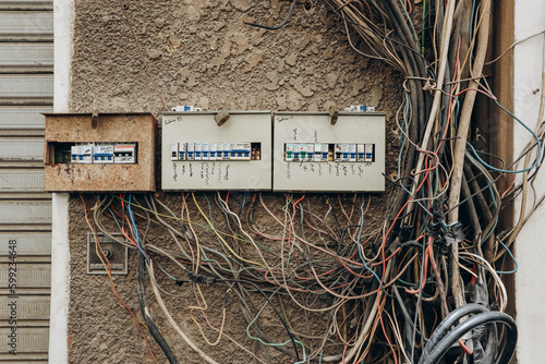 Beirut, Lebanon - 24.04.23: Electrical wires and electrical panel in Beirut, Lebanon photo