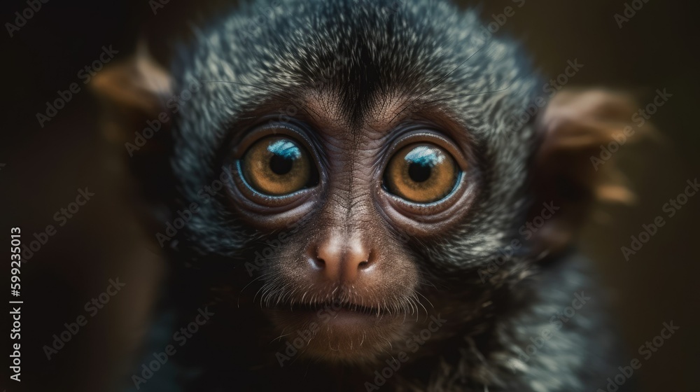 Close up face of a cute monkey with big eyes, generative AI animal Close up face of a cute monkey with big eyes, generative AI animal
