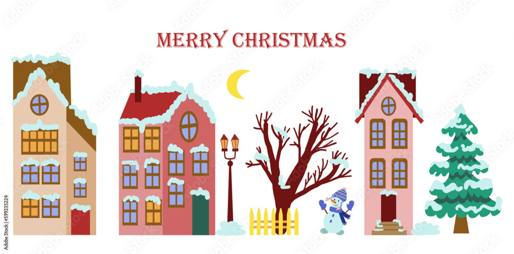 Horizontal Christmas card with houses and trees in the snow. Set of New Year's holiday elements