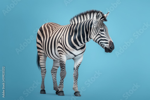 African Safari Encounter. Captivating full body zebra with a striking pattern  isolated on blue pastel background. Copy space. Nature concept AI Generative