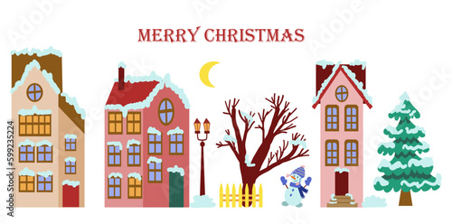 Horizontal Christmas card with houses and trees in the snow. Set of New Year's holiday elements
