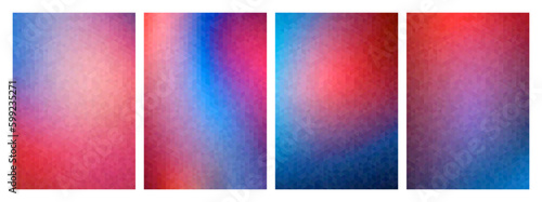 Set of four geometric pixelated mosaics of triangles, colored with blue, red, pink gradients, with some randomisation. Creative coding design.