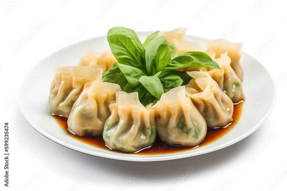 Authentic Asian Delicacy. Steamed dumplings on dish isolated on white background with copy space for text. Asian cuisine concept AI Generative