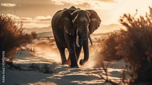 African elephant is walking in the snow, generative AI © Flowal93