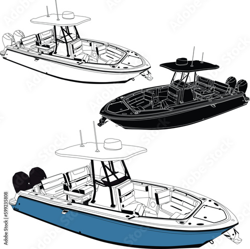 Vector, line art and color image of fishing boat on a white background.