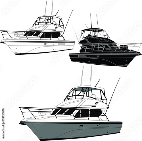 Vector, line art and color image of fishing boat on a white background.