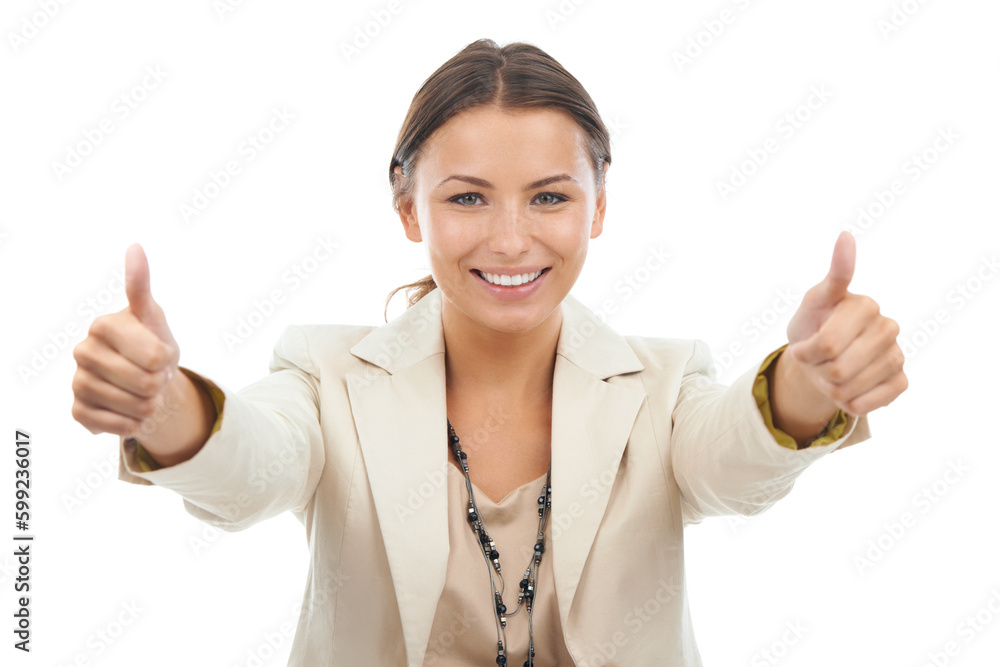 Enthusiastic business endorsement. Studio portrait of a young businesswoman giving the thumbs up to the camera isolated on white. Enthusiastic business endorsement. Studio portrait of a young businesswoman giving the thumbs up to the camera isolated on white.