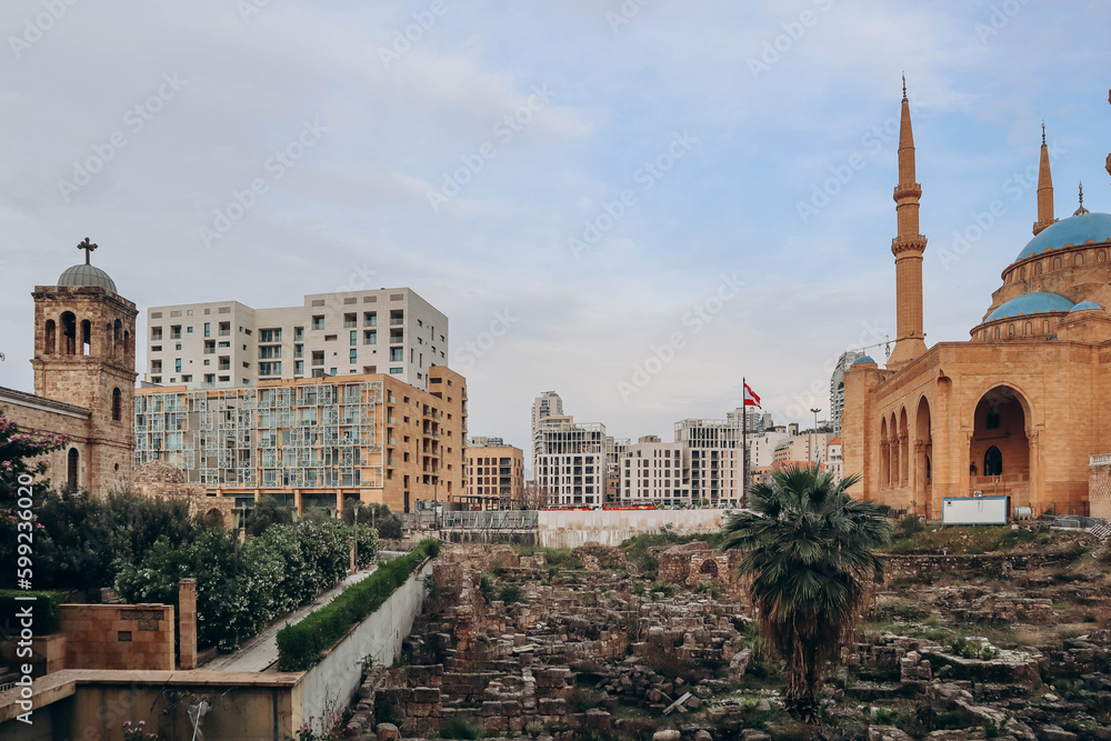 Beirut, Lebanon — 24.04.2023: The Mohammad Al-Amin Mosque, a Sunni Muslim mosque located near the Roman Ruins in the center of Beirut