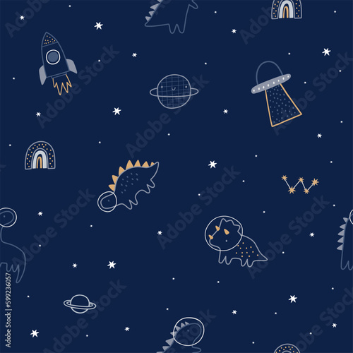 Cute cartoon hand drawn Space Explorer - vector seamless pattern in doodle style. Universe, stars, planet and rocket. Dinosaur in space
