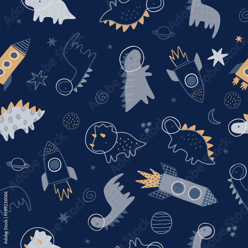Cute cartoon hand drawn Space Explorer - vector seamless pattern in doodle style. Universe, stars, planet and rocket. Dinosaur in space