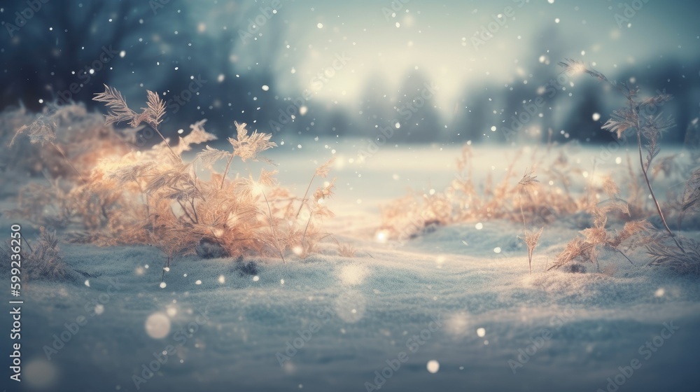 Snowy winter landscape desktop background, generative AI