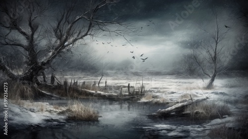 Dark winter landscape with a lake, feelings of depression and sadness, generative AI