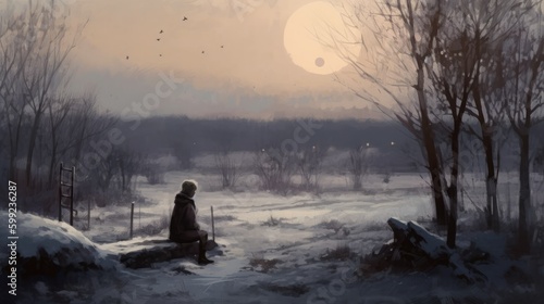 Man sitting in a winter forest in the morning, feeling of sadness, generative AI