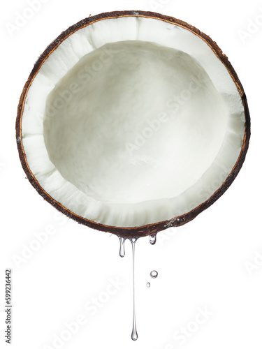 Coconut split in half with extract or coconut oil dripping. Coconut water or juice dripping from coconut slice. Natural and organic ingredients.