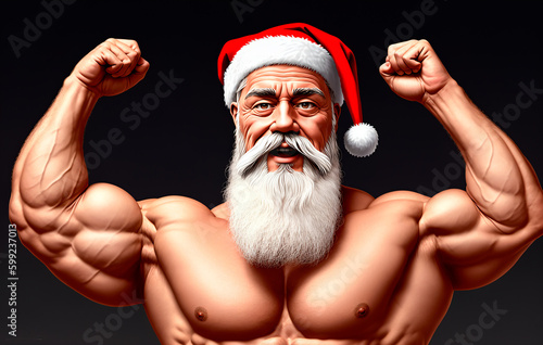 Santa claus flexing his muscles with his hands behind his headr. Generative AI. photo