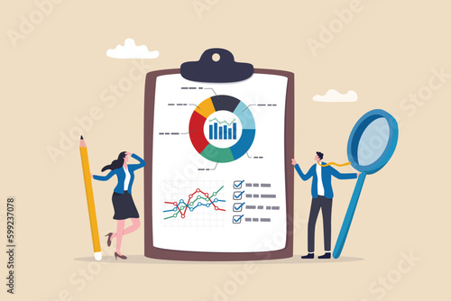 Business report, data diagram and chart, statistics or analytics, data analysis summary or performance, market research concept, business people with magnifying glass hold clipboard with report graph.