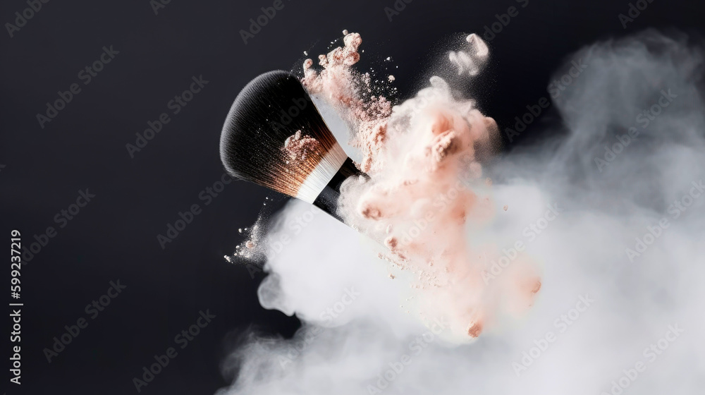 Obraz premium Cosmetic brush with pink powder in motion spreading on black background. No people. Cosmetic Background concept. Illustration. Generative AI