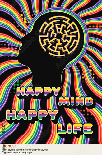 Psychedelic poster with black silhoutte of human head, labyrinth, wavy rainbow beams, text. Concept of mental health, care, wellness Psychological, psychiatric therapy, support, service and awareness.