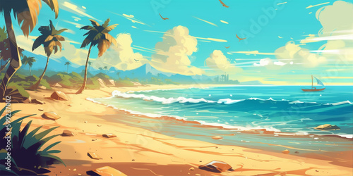 A beach scene with a beach and mountains in the background. © elchinarts