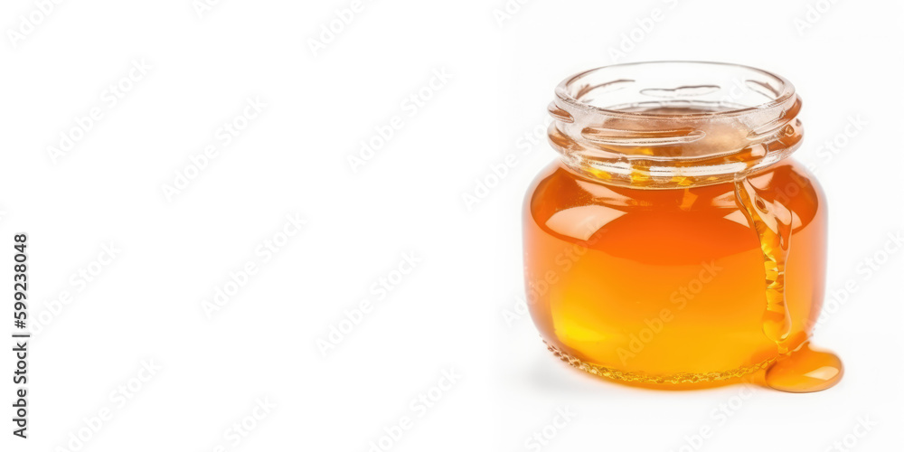 Pure Golden Sweetness. Explore the delectable taste of raw honey in a mason jar, accompanied by a honey dipper. Copy space for text. Food concept AI Generative Pure Golden Sweetness. Explore the delectable taste of raw honey in a mason jar, accompanied by a honey dipper. Copy space for text. Food concept AI Generative