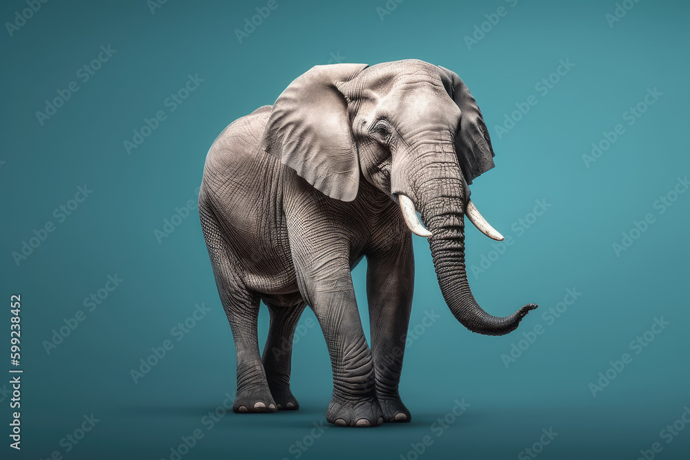 Fototapeta premium Isolated Majestic Elephant Walking Against a Light Blue Background. Witness the magnificence of this gentle giant in its natural habitat. AI Generative