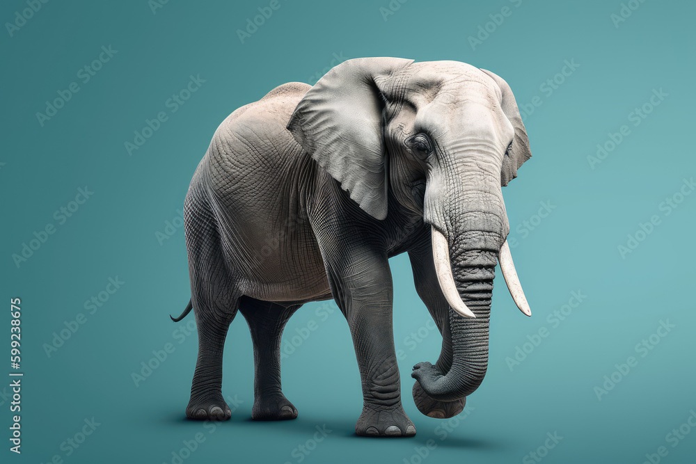 Obraz premium Isolated Majestic Elephant Walking Against a Light Blue Background. Witness the magnificence of this gentle giant in its natural habitat. AI Generative