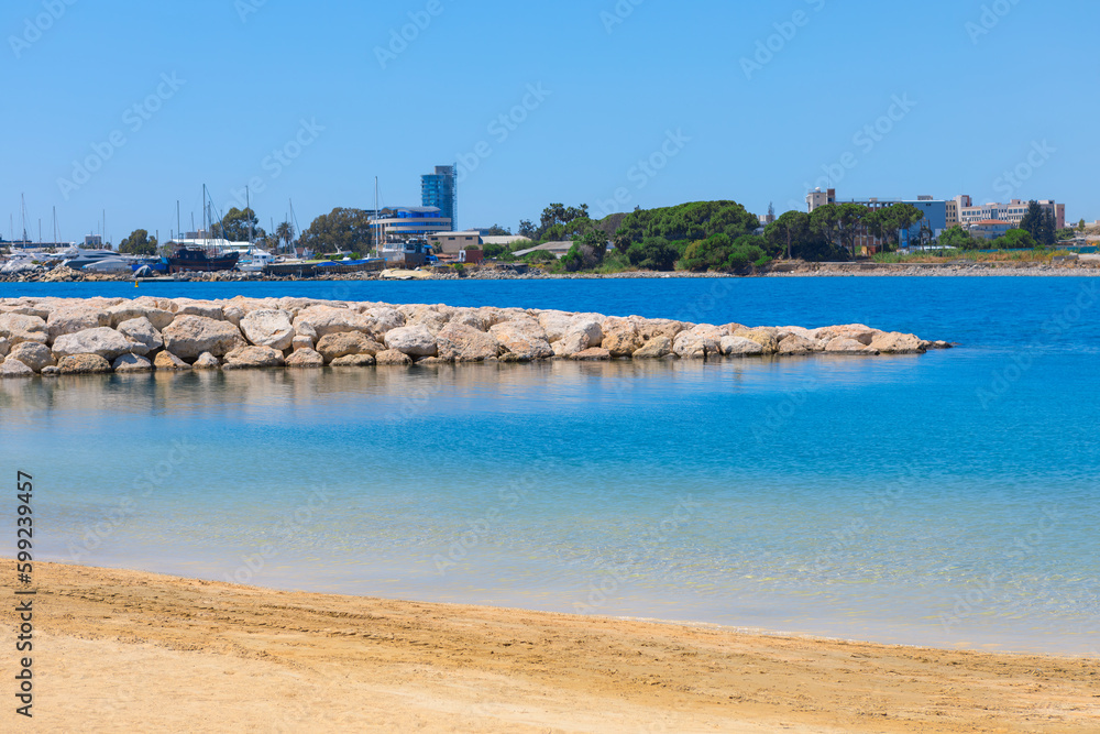 Blue lagoon and sandy beach . Limassol Cyprus seaside 