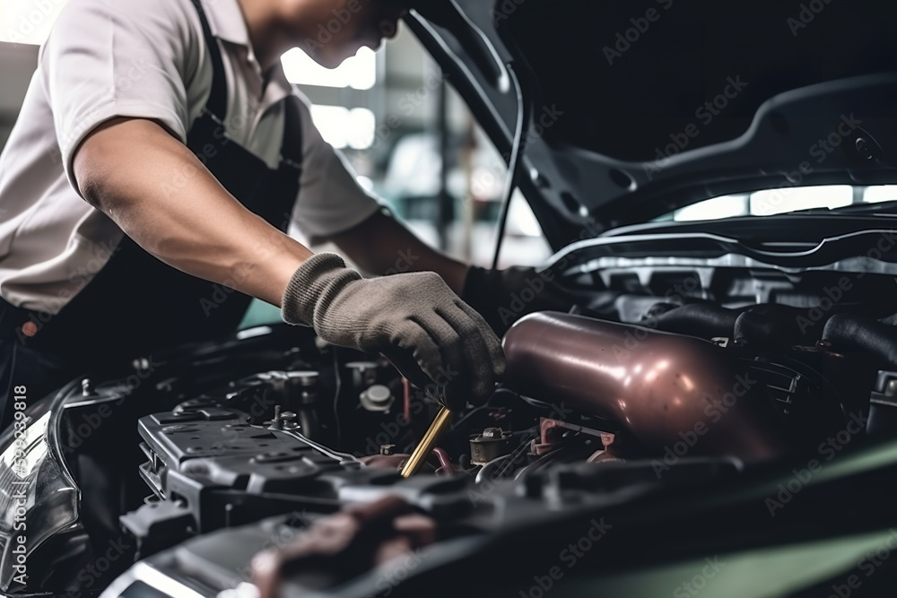 Auto mechanic checking a car engine. Car repair service. Mechanical works - Generative AI Auto mechanic checking a car engine. Car repair service. Mechanical works - Generative AI