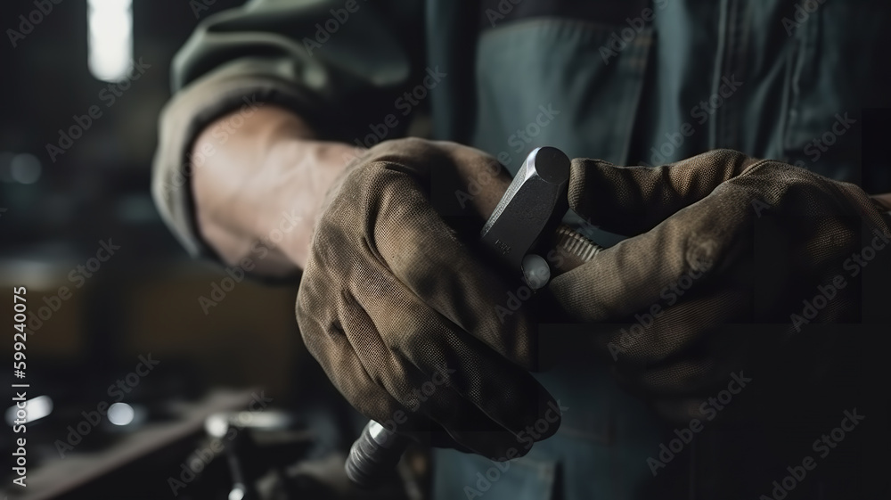 Auto mechanic holds tools in hand with gloves. Repair service. Mechanical works - Generative AI Auto mechanic holds tools in hand with gloves. Repair service. Mechanical works - Generative AI