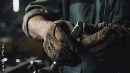 Auto mechanic holds tools in hand with gloves. Repair service. Mechanical works - Generative AI
