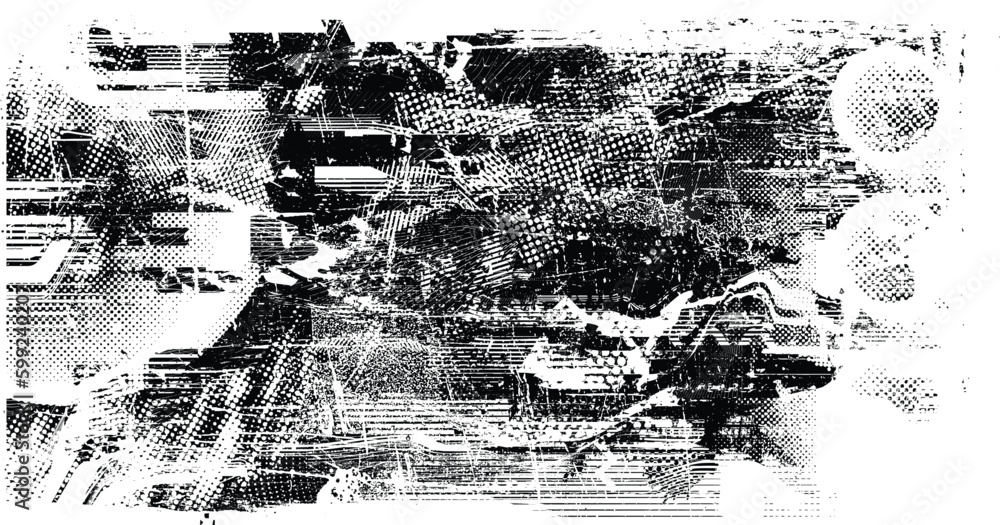 Obraz premium Glitch distorted grungy isolated banner . Design element for brochure, social media, posters, flyers. Overlay texture.Textured banner with Distress effect .Vector halftone dots . Screen print texture