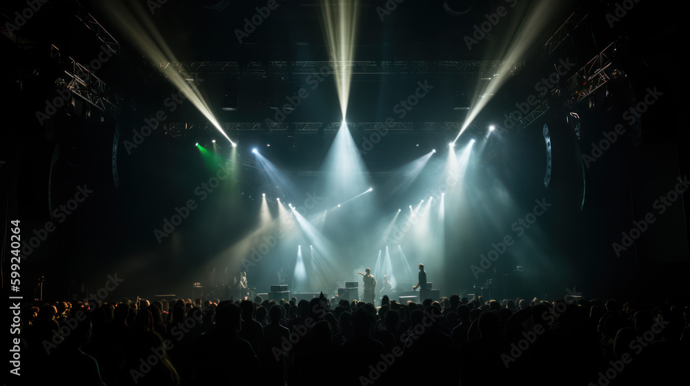 scène de concert vue du fond de la salle avec spots lumineux intense, silhouette du public au premier plan 