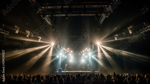 scène de concert vue du fond de la salle avec spots lumineux intense, silhouette du public au premier plan  © Sébastien Jouve