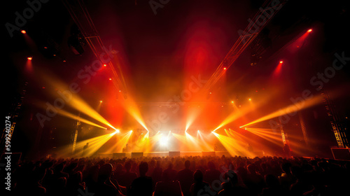 scène de concert vue du fond de la salle avec spots lumineux intense, silhouette du public au premier plan 