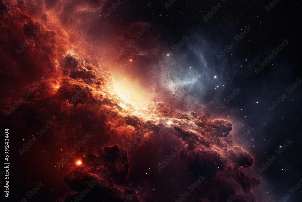 Fototapeta premium Outer space nebula red sky formation asteroid passing through the dust clouds