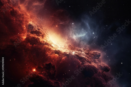 Outer space nebula red sky formation asteroid passing through the dust clouds